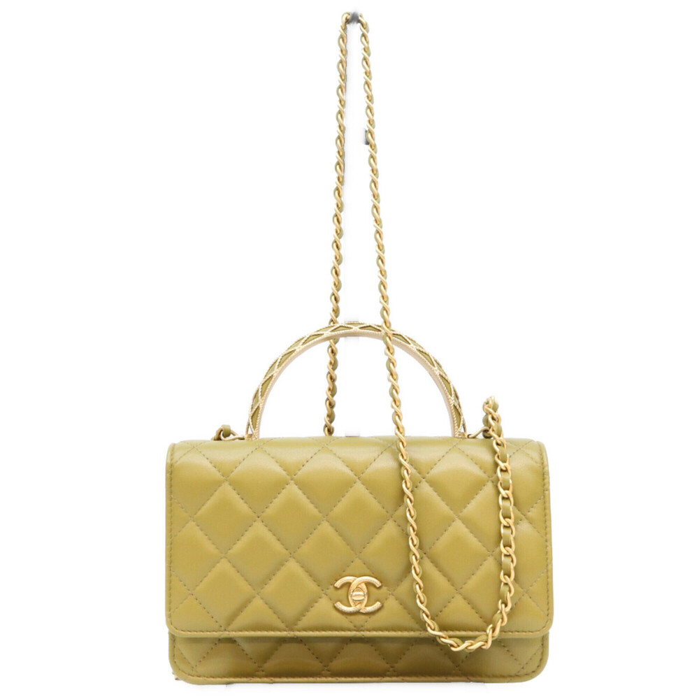 CHANEL Lambskin Matelassé Top Handle 2-Way Chain Shoulder Bag, Khaki, Gold Ha...